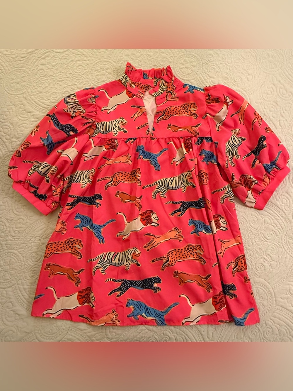 Whimsical Hot Pink Animal Motif Boutique Short Sleeve Blouse Top L